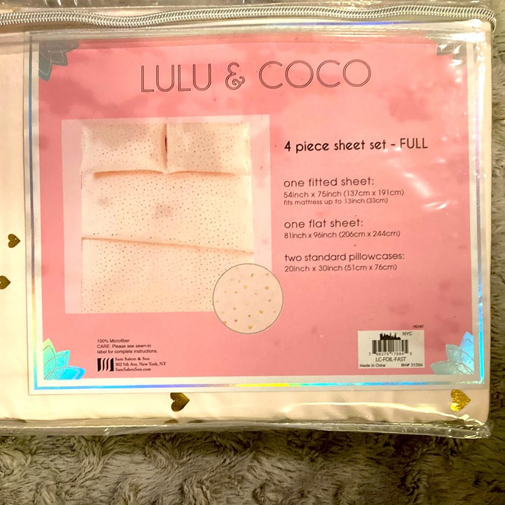 Sheet Set Pink w Gold Hearts SZ Full LULU & COCO New in Package